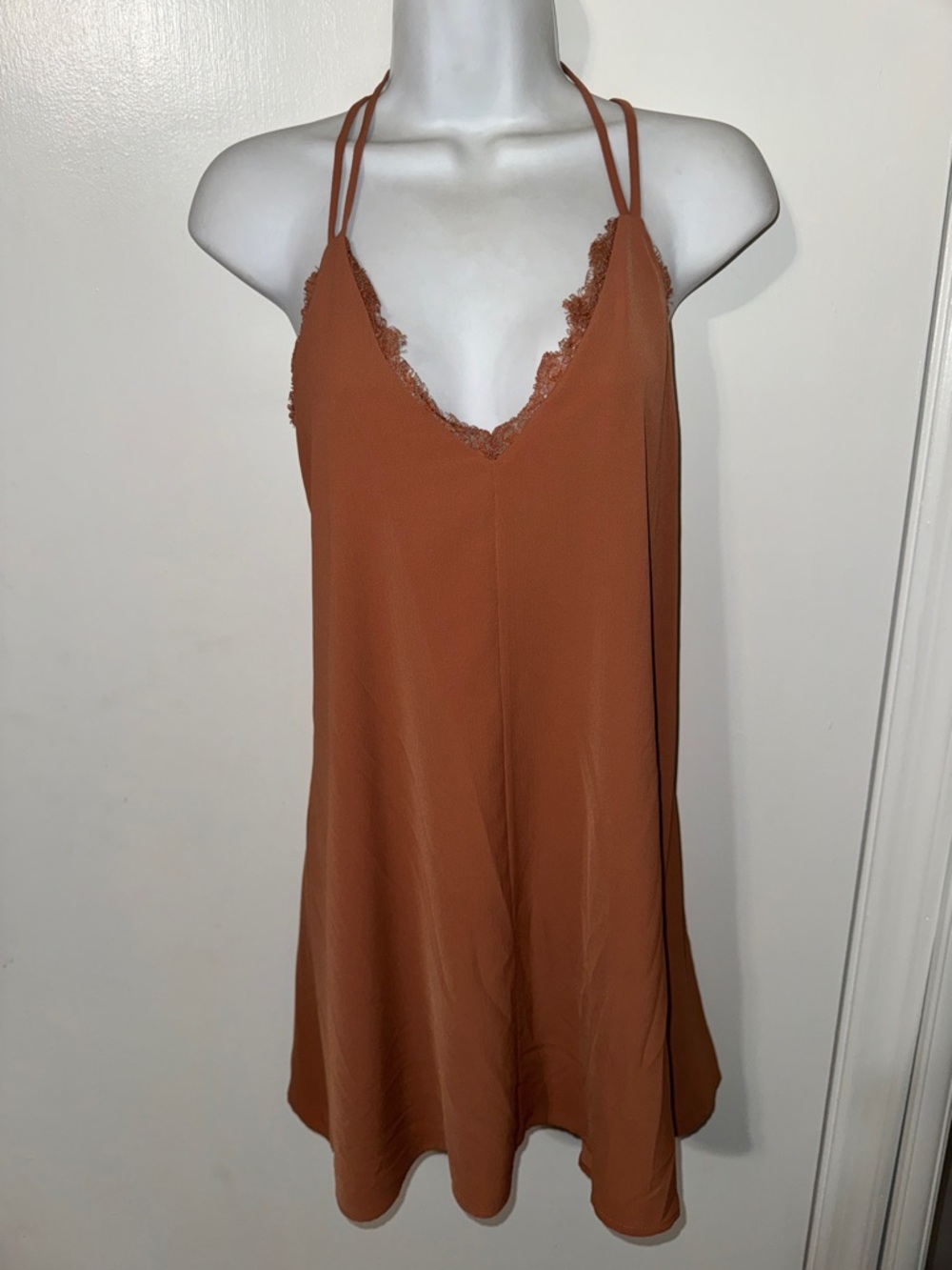 Audrey Rust Double-Strap Lace-Trim Slip Dress